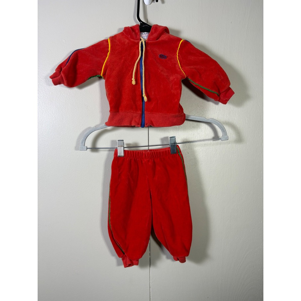 Vtg Izod Lacoste Baby Red Velour Tracksuit Hoodie Pants Set 9 Months Crocodile